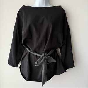 AIME Black Tie Waist Bell Sleeve Minimalist Cotton Blend Top